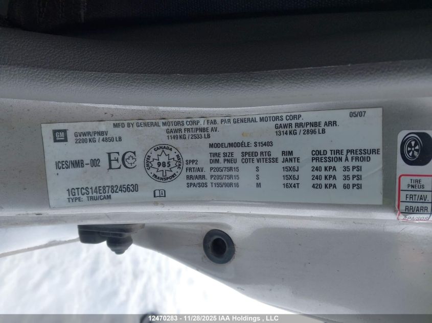 2007 GMC Canyon Sl/Sle VIN: 1GTCS14E878245630 Lot: 12470283