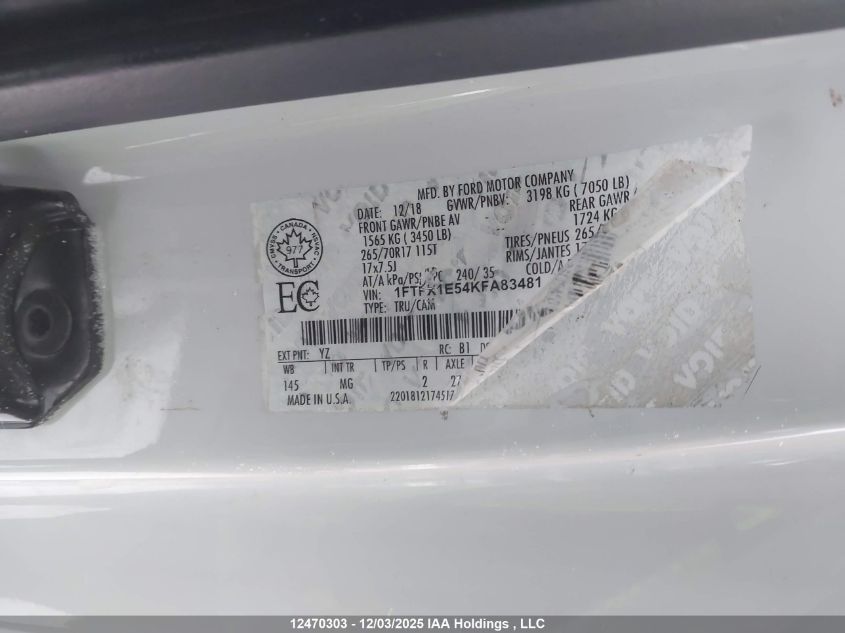 2019 Ford F150 Super Cab VIN: 1FTFX1E54KFA83481 Lot: 12470303