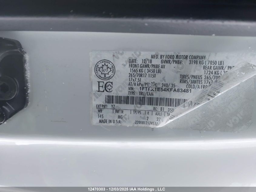 2019 Ford F150 Super Cab VIN: 1FTFX1E54KFA83481 Lot: 12470303