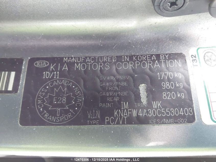 2012 Kia Forte Sx VIN: KNAFW4A30C5530403 Lot: 12470306
