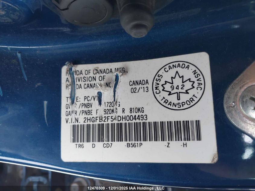 2013 Honda Civic Ex VIN: 2HGFB2F54DH004493 Lot: 12470309