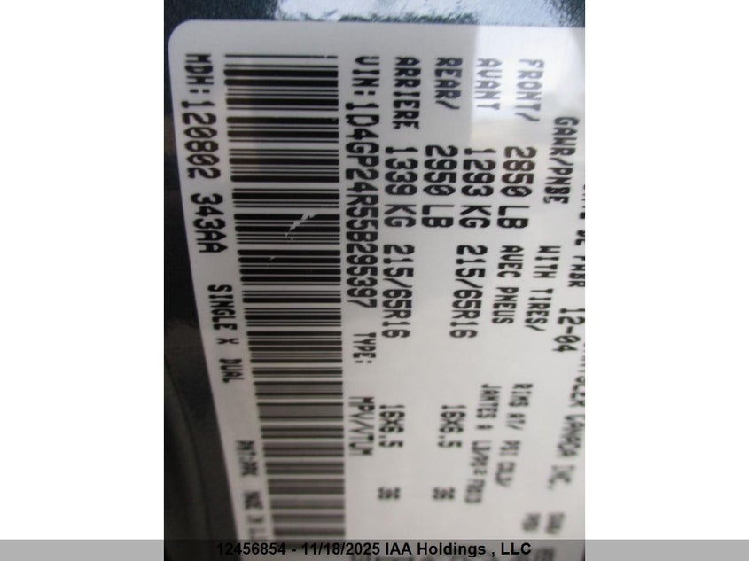 2005 Dodge Grand Caravan VIN: 1D4GP24R55B295397 Lot: 12456854X