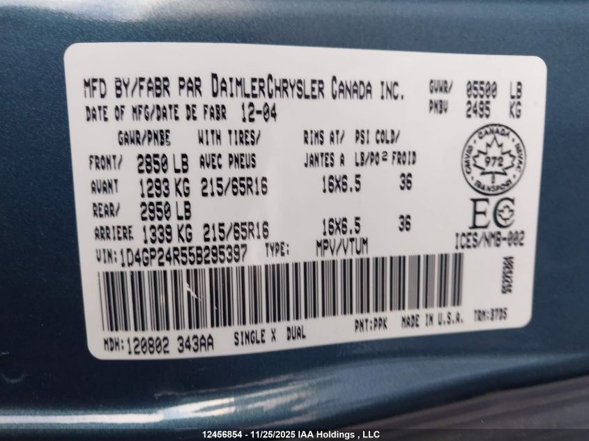 2005 Dodge Grand Caravan VIN: 1D4GP24R55B295397 Lot: 12456854X