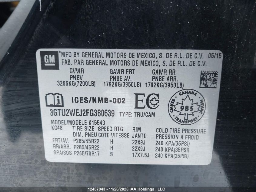 2015 GMC Sierra 1500 Denali VIN: 3GTU2WEJ2FG380639 Lot: 12457043X