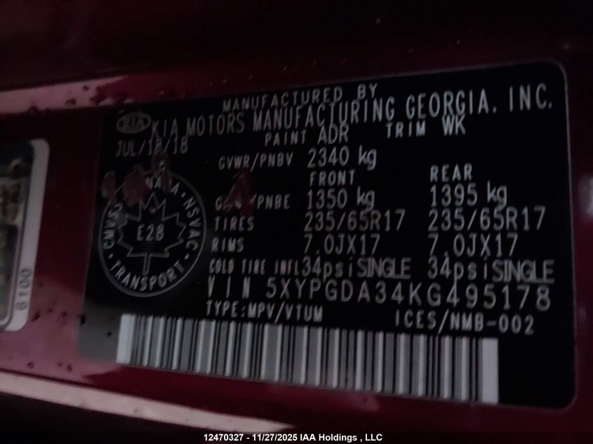 2019 Kia Sorento 2.4L Lx VIN: 5XYPGDA34KG495178 Lot: 12470327