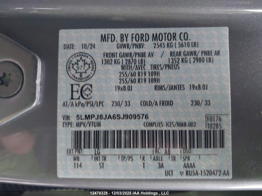 2025 Lincoln Nautilus Premiere VIN: 5LMPJ8JA6SJ909576 Lot: 12470328