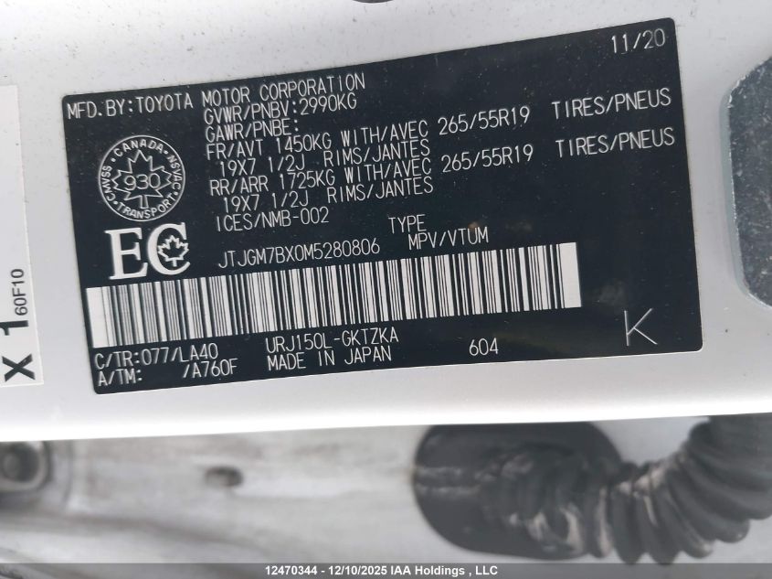 2021 Lexus Gx 460 VIN: JTJGM7BX0M5280806 Lot: 12470344