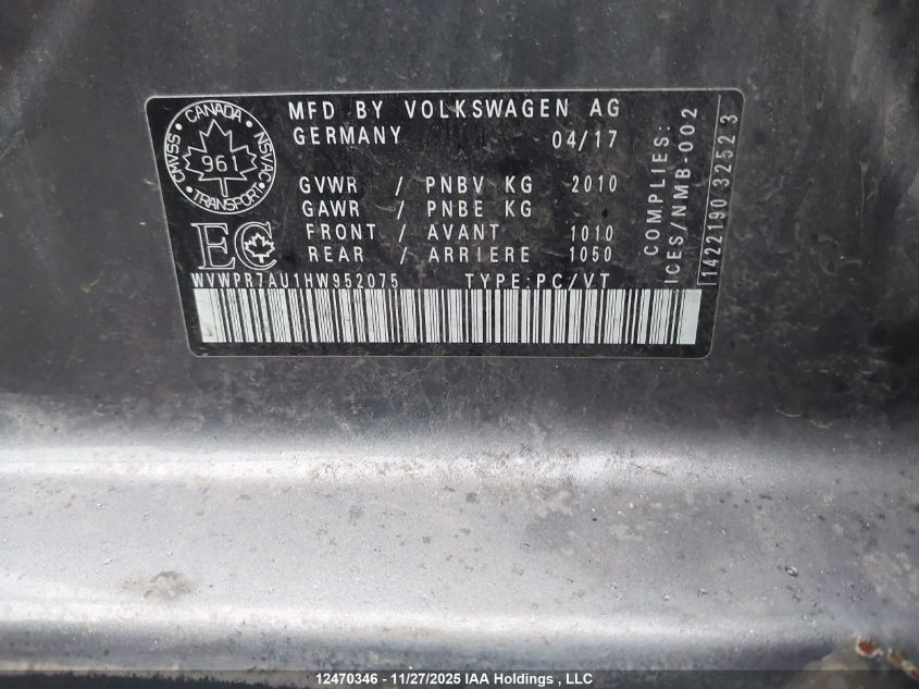 2017 Volkswagen E-Golf Comfortline VIN: WVWPR7AU1HW952075 Lot: 12470346