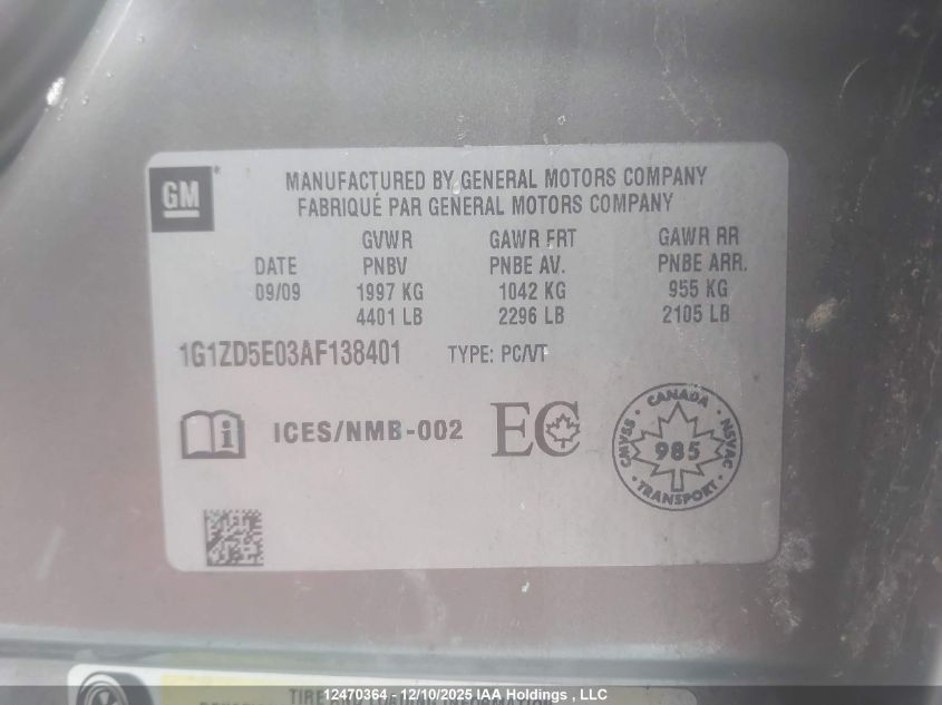 2010 Chevrolet Malibu 2Lt VIN: 1G1ZD5E03AF138401 Lot: 12470364