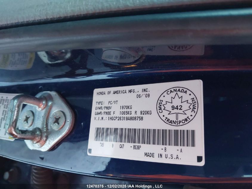 2009 Honda Accord Lx VIN: 1HGCP26319A808758 Lot: 12470375