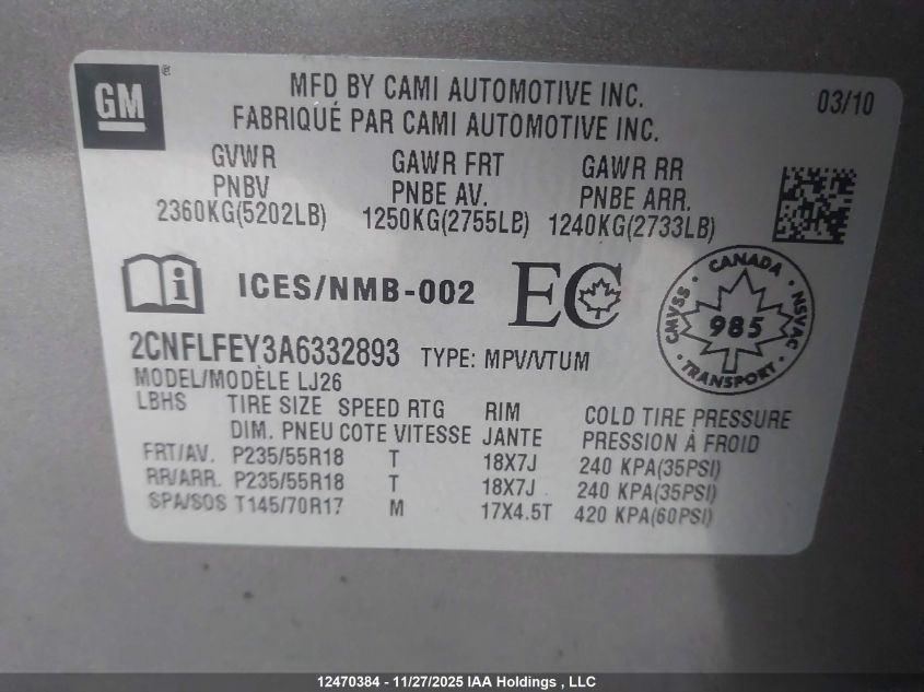 2010 Chevrolet Equinox Ltz VIN: 2CNFLFEY3A6332893 Lot: 12470384