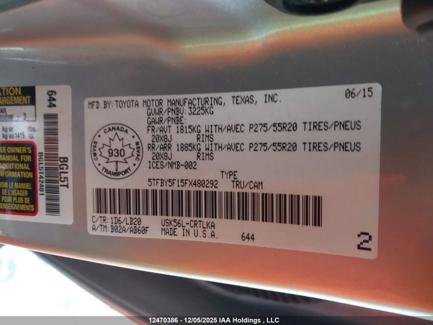 2015 Toyota Tundra Limited 5.7L V8 VIN: 5TFBY5F15FX480292 Lot: 12470386