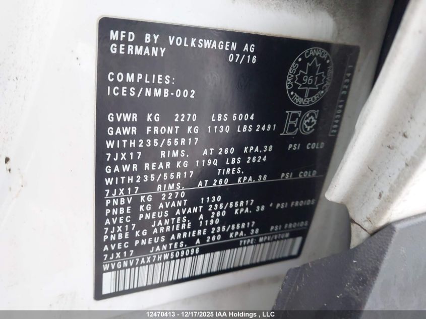 2017 Volkswagen Tiguan Wolfsburg Edition VIN: WVGNV7AX7HW509096 Lot: 12470413