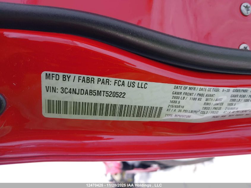 2021 Jeep Compass Sport VIN: 3C4NJDAB5MT520522 Lot: 12470425