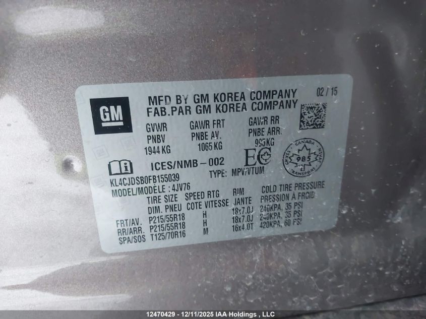 2015 Buick Encore Premium VIN: KL4CJDSB0FB155039 Lot: 12470429