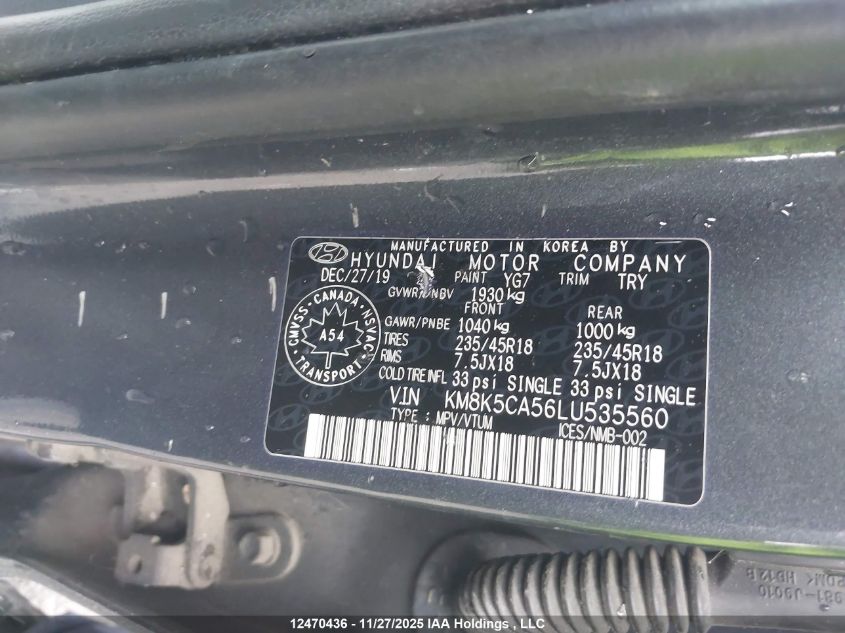 2020 Hyundai Kona Ultimate Awd VIN: KM8K5CA56LU535560 Lot: 12470436