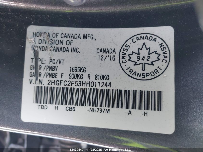 2017 Honda Civic Lx VIN: 2HGFC2F53HH011244 Lot: 12470440