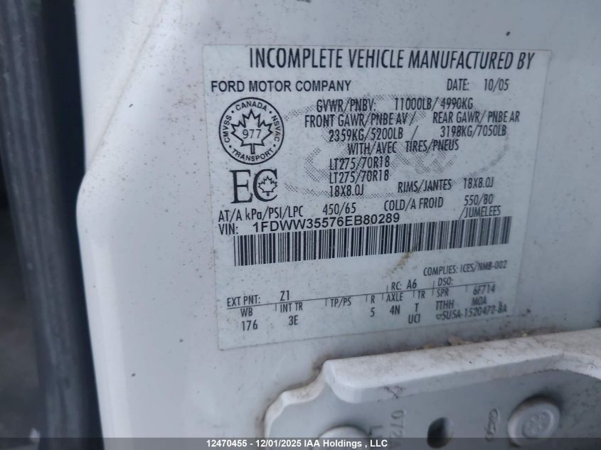 2006 Ford F350 Srw Super Duty VIN: 1FDWW35576EB80289 Lot: 12470455