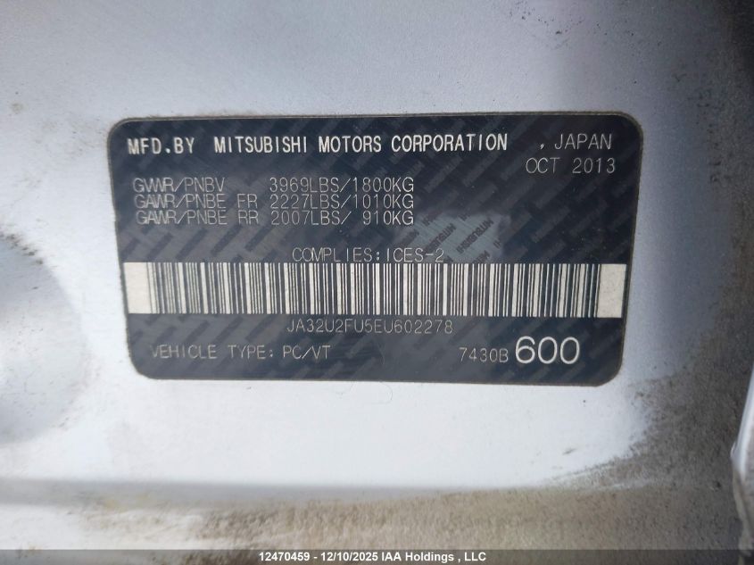 2014 Mitsubishi Lancer Se VIN: JA32U2FU5EU602278 Lot: 12470459