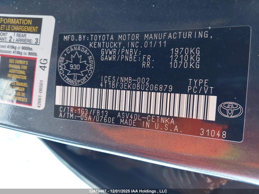 4T1BF3EK0BU206879 2011 TOYOTA CAMRY photo no. 9