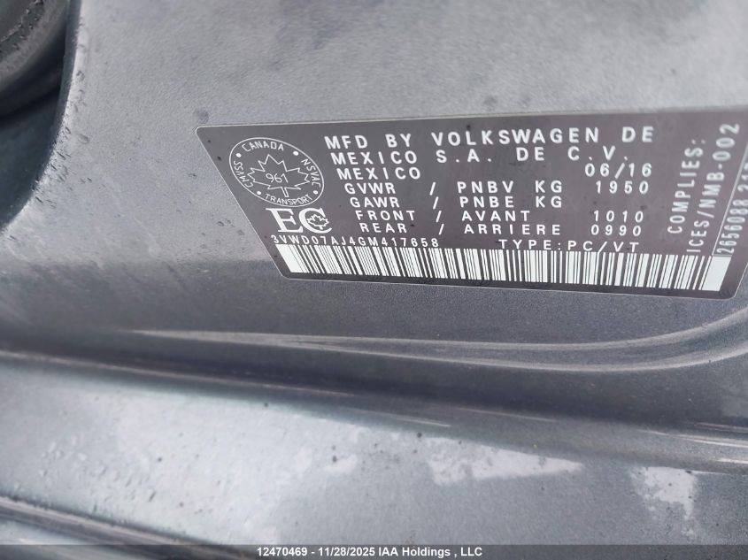 2016 Volkswagen Jetta Comfortline VIN: 3VWD07AJ4GM417658 Lot: 12470469