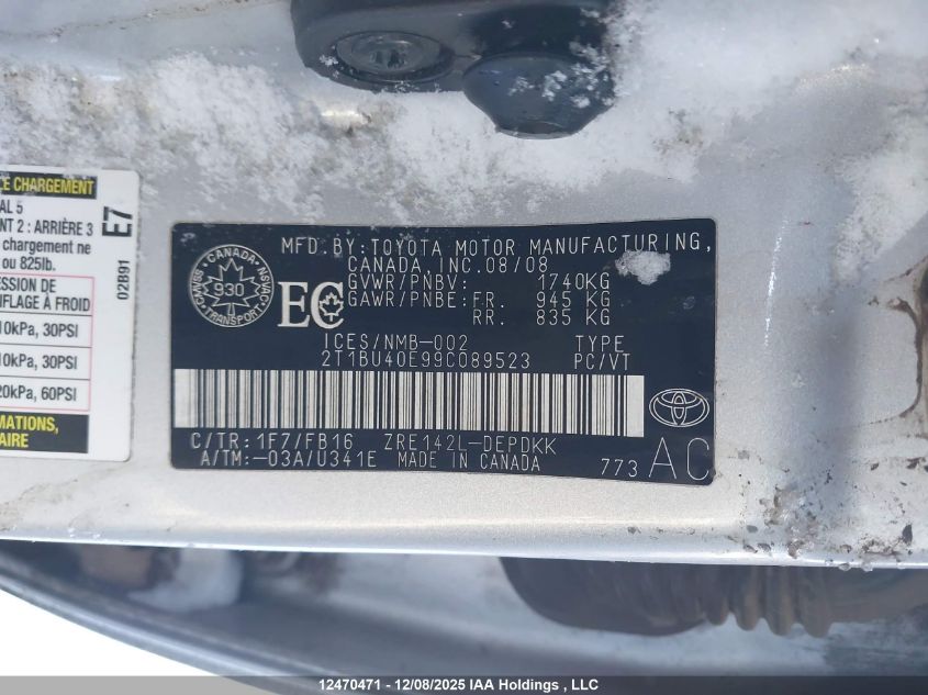 2009 Toyota Corolla S/Le/Xle VIN: 2T1BU40E99C089523 Lot: 12470471