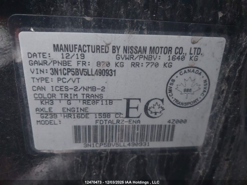 2020 Nissan Kicks S VIN: 3N1CP5BV5LL490931 Lot: 12470473