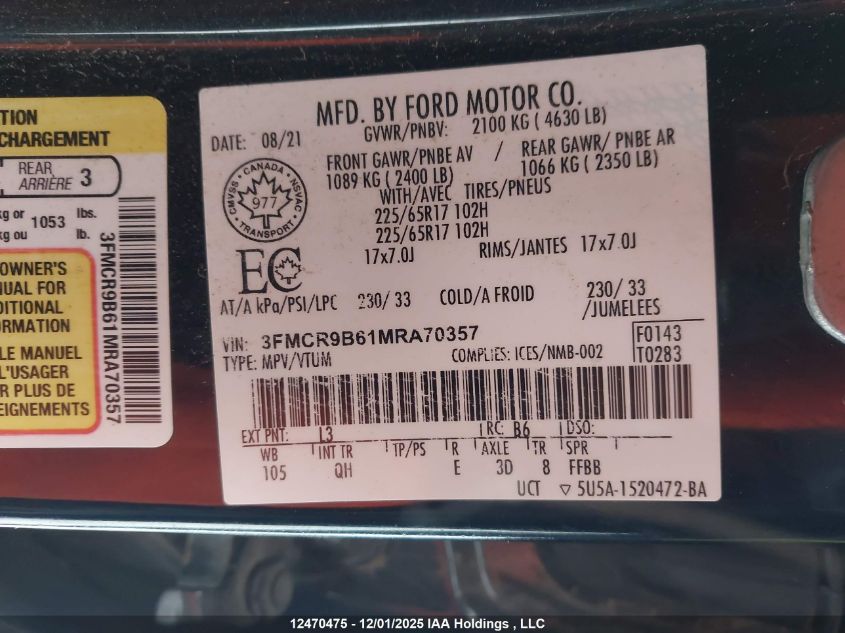 2021 Ford Bronco Sport Big Bend VIN: 3FMCR9B61MRA70357 Lot: 12470475