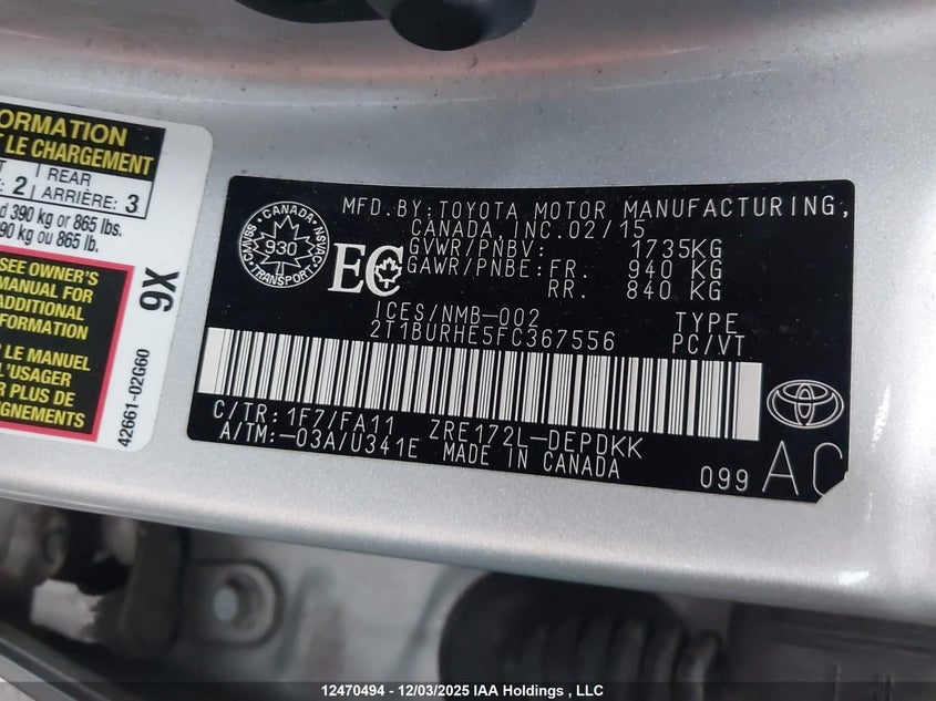 2T1BURHE5FC367556 2015 TOYOTA COROLLA photo no. 9