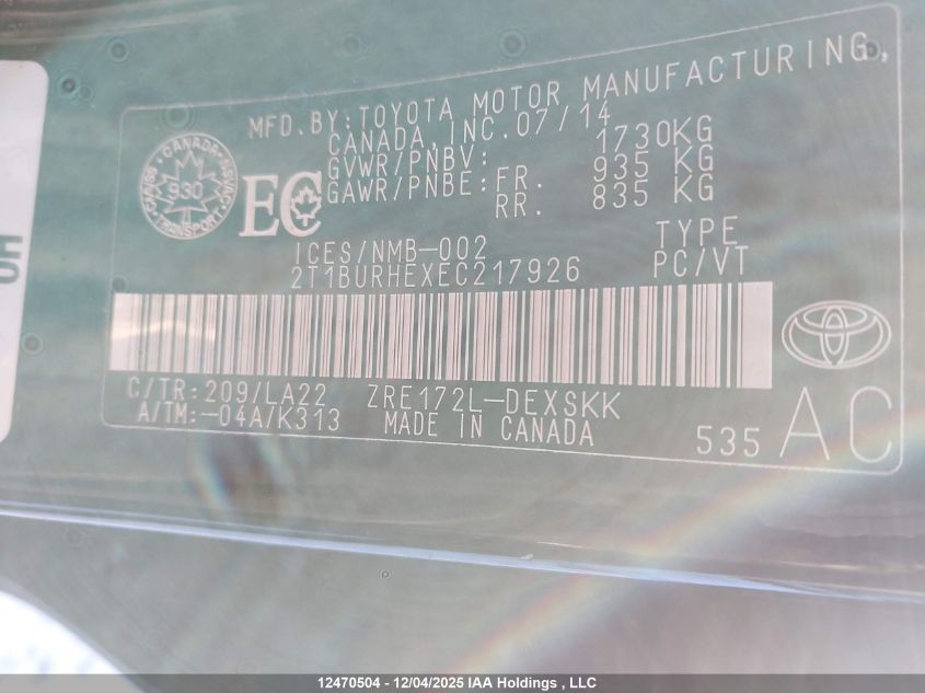 2014 Toyota Corolla VIN: 2T1BURHEXEC217926 Lot: 12470504