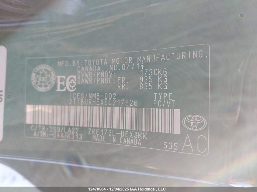 2014 Toyota Corolla VIN: 2T1BURHEXEC217926 Lot: 12470504