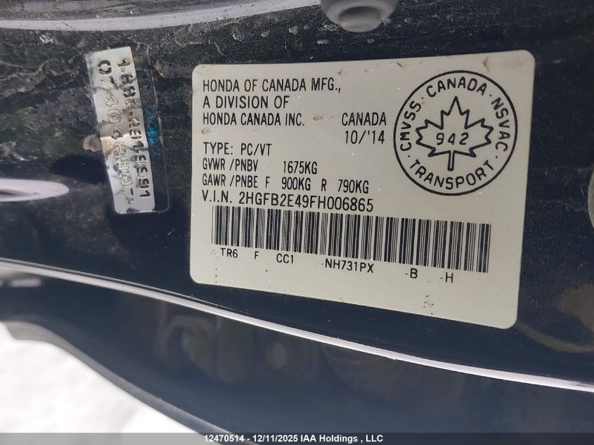 2015 Honda Civic VIN: 2HGFB2E49FH006865 Lot: 12470514