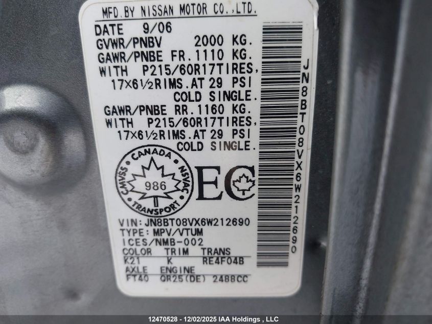 2006 Nissan X-Trail Xe/Se VIN: JN8BT08VX6W212690 Lot: 12470528