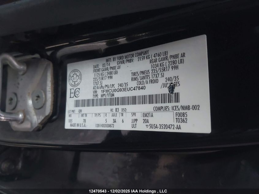 2014 Ford Escape Se VIN: 1FMCU0G93EUC47840 Lot: 12470543