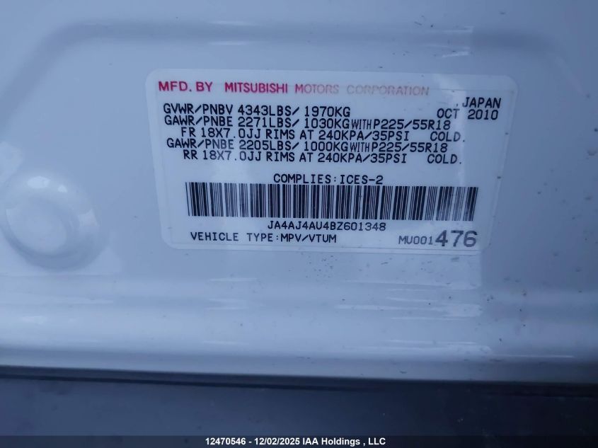 2011 Mitsubishi Rvr Gt VIN: JA4AJ4AU4BZ601348 Lot: 12470546