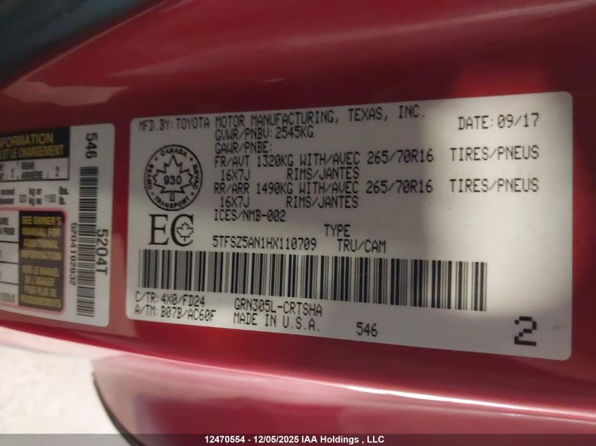 2017 Toyota Tacoma Access Cab/Sr5/Trd Spt/Or VIN: 5TFSZ5AN1HX110709 Lot: 12470554