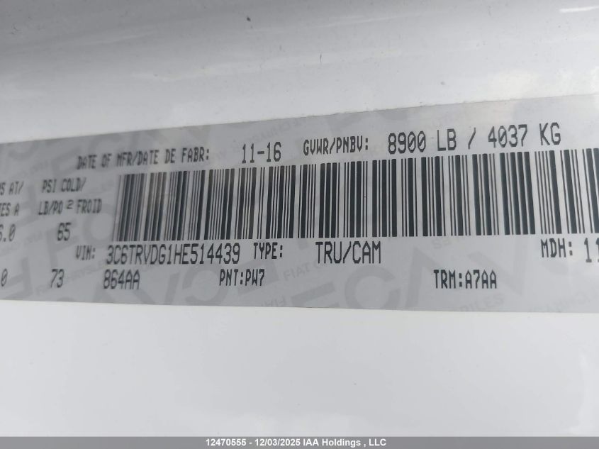2017 Ram Promaster 2500 2500 High VIN: 3C6TRVDG1HE514439 Lot: 12470555