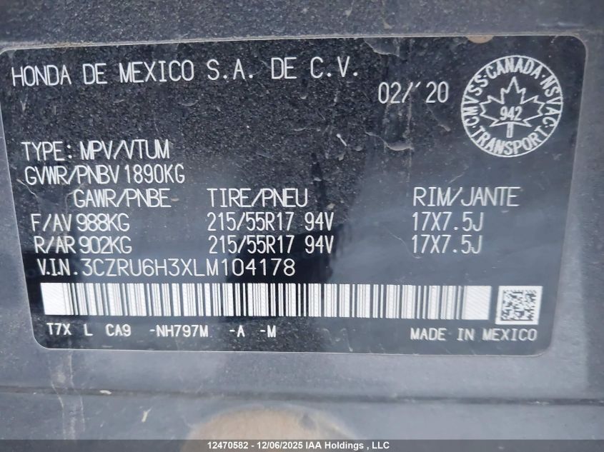 2020 Honda Hr-V Lx VIN: 3CZRU6H3XLM104178 Lot: 12470582