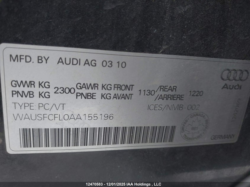 WAUSFCFL0AA155196 2010 AUDI A4 photo no. 9