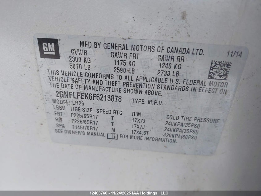 2015 Chevrolet Equinox 1Lt VIN: 2GNFLFEK6F6213878 Lot: 12463766X