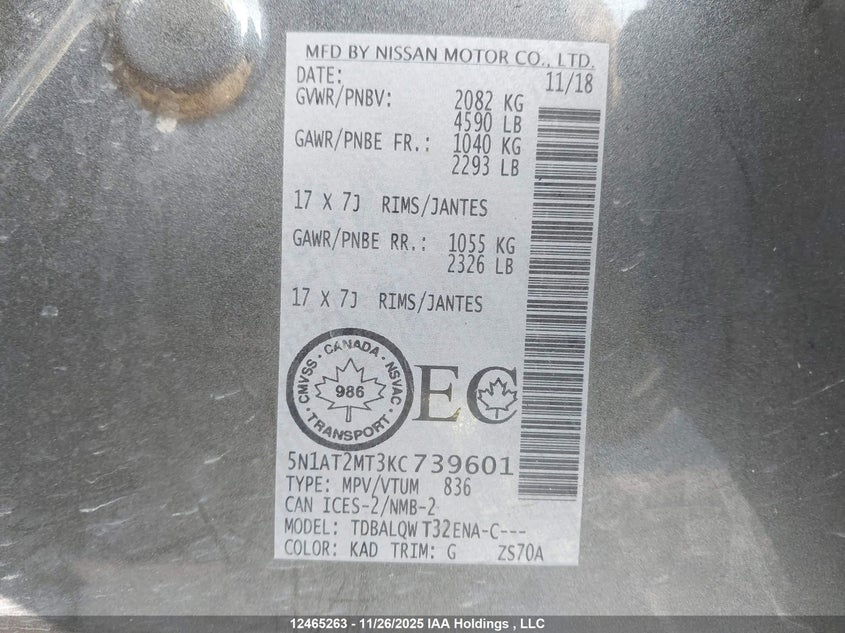 2019 Nissan Rogue S/Sv VIN: 5N1AT2MT3KC739601 Lot: 12465263X