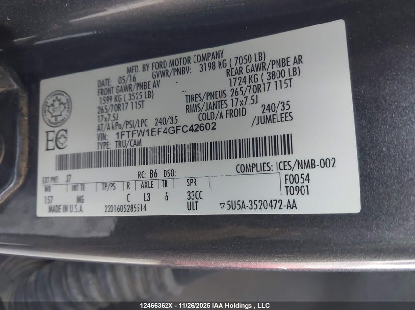 2016 Ford F-150 Xlt VIN: 1FTFW1EF4GFC42602 Lot: 12466362X