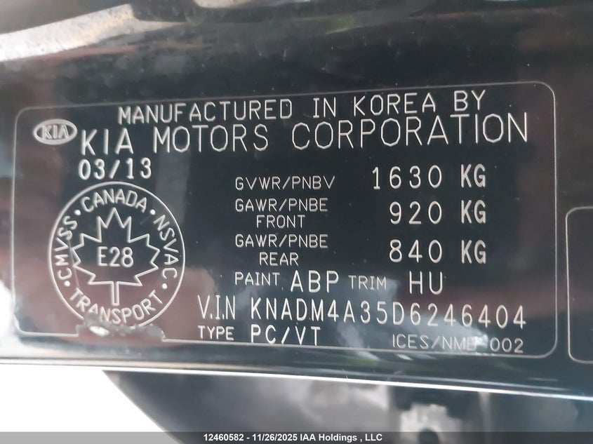 2013 Kia Rio Ex/Lx/Lx+/Sx VIN: KNADM4A35D6246404 Lot: 12460582X