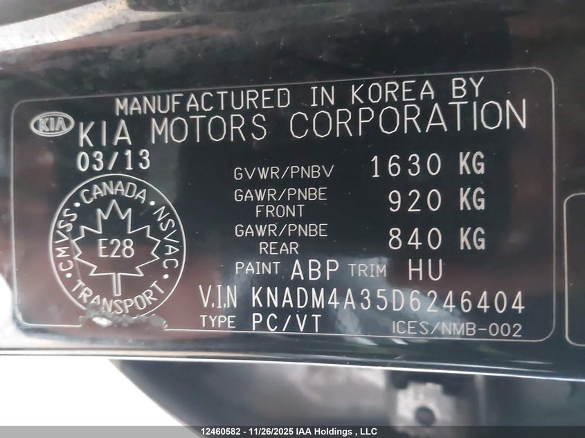 2013 Kia Rio Ex/Lx/Lx+/Sx VIN: KNADM4A35D6246404 Lot: 12460582X