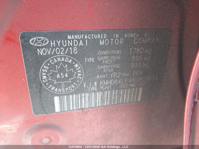 2019 Hyundai Elantra Sel/Value/Limited VIN: KMHD84LF4KU808604 Lot: 12470604