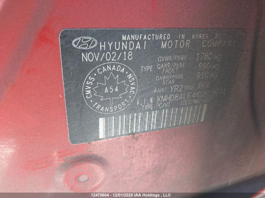 2019 Hyundai Elantra Sel/Value/Limited VIN: KMHD84LF4KU808604 Lot: 12470604