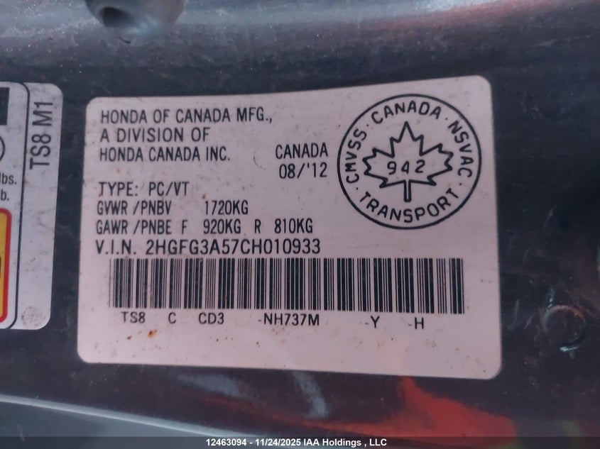 2012 Honda Civic Ex VIN: 2HGFG3A57CH010933 Lot: 12463094X