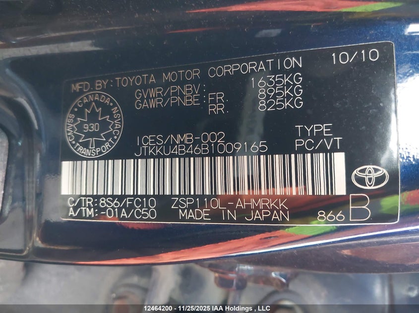 2011 Scion Xd VIN: JTKKU4B46B1009165 Lot: 12464200X