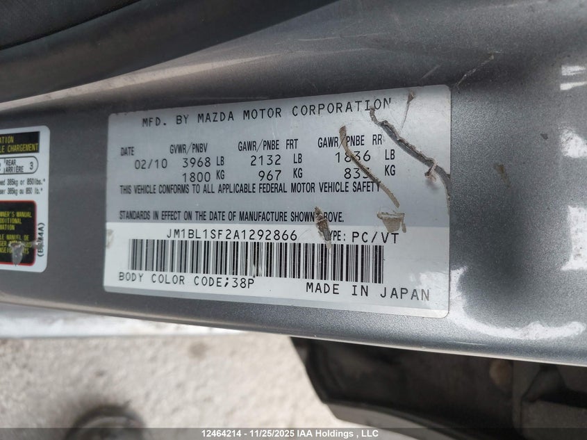 2010 Mazda Mazda3 Gs/Gx VIN: JM1BL1SF2A1292866 Lot: 12464214X