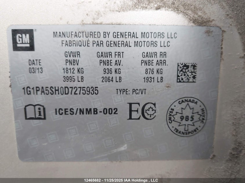 2013 Chevrolet Cruze Ls VIN: 1G1PA5SH0D7275935 Lot: 12465682X